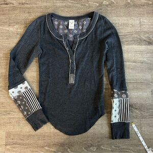 Free People Charcoal Waffle Henley with Patchwork Cuffs